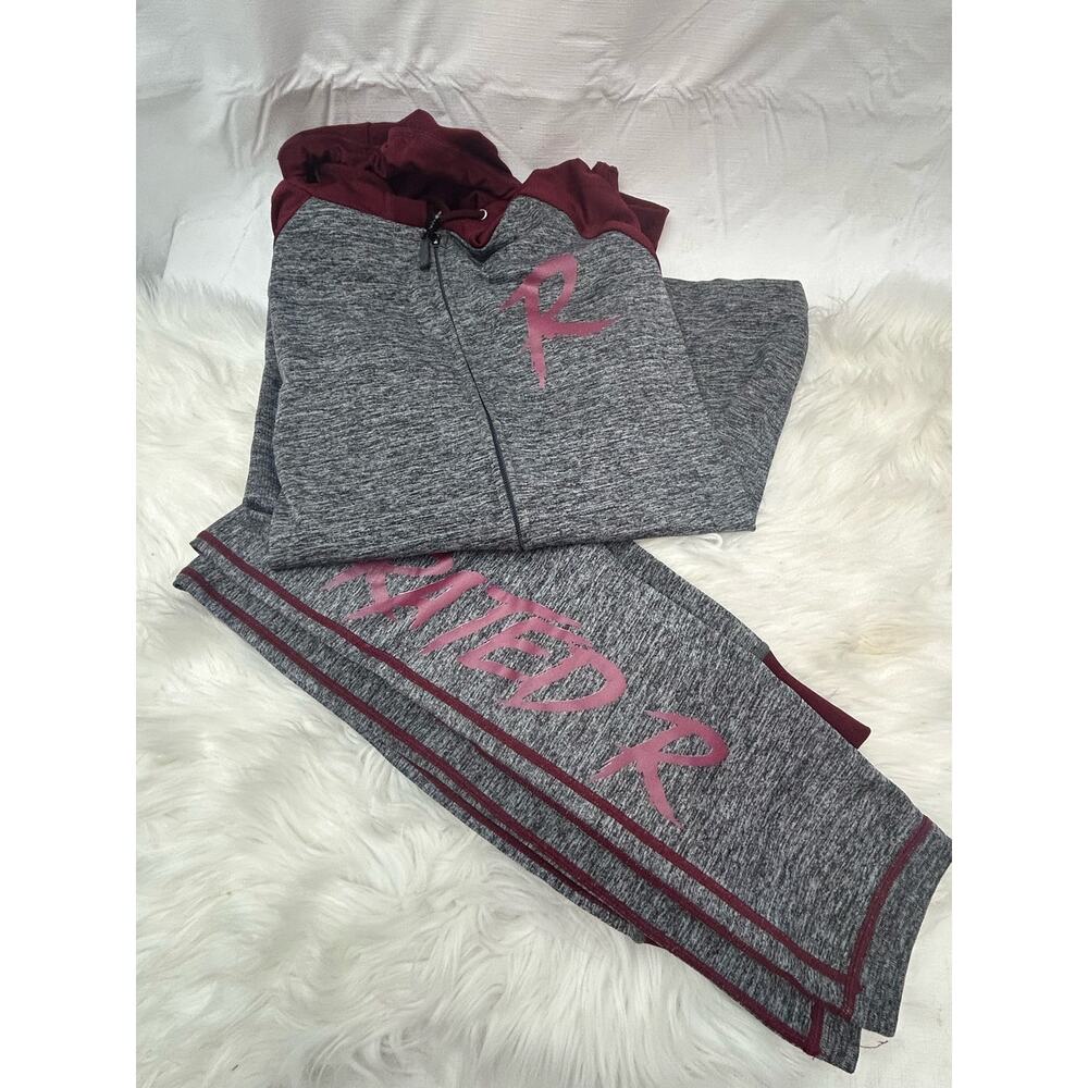 Women's L/XL "RATED R" Outfit Set Jacket & Pants Leggings Gray Burgundy GUC